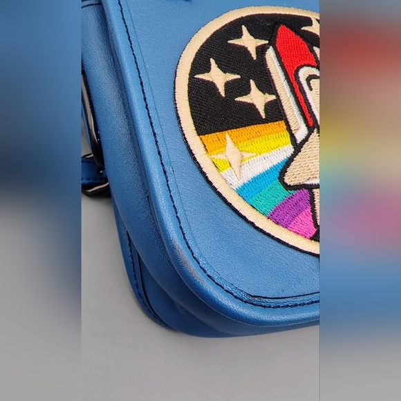 Upcycled Coach glovetanned turnlock crossbody bag w/ Space Patches. Azure Blue - Picture 14 of 14